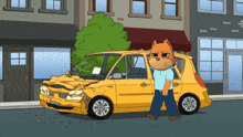 a cartoon cat is standing next to a yellow car that has been damaged