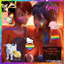 a couple of cartoon characters are sitting next to each other with a rainbow heart on their faces