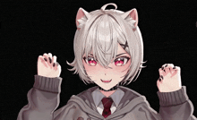 a girl with white hair and red eyes is wearing a cat ear hoodie