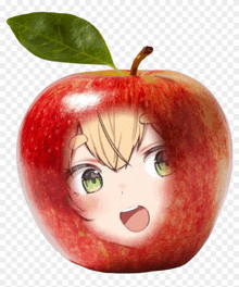 a red apple with a green leaf and a girl face on it