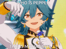 a girl with blue hair is holding a microphone with the caption who is pepper this is misha mish