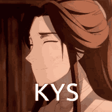 a close up of a person 's face with the word kys in white
