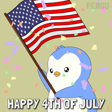 a penguin is holding an american flag with the words happy 4th of july below it