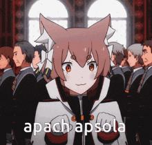 a girl with cat ears is standing in front of a group of people with the words apachapsola written on the bottom