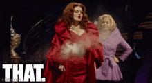 a woman in a red dress is standing next to another woman in a purple coat and the words that are on the bottom