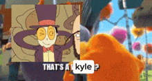a cartoon character with a top hat and a bow tie is talking to an orange bear .