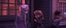 a cartoon of elsa and anna standing in front of a house