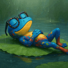 a frog with glasses is sleeping on a lily pad in the rain