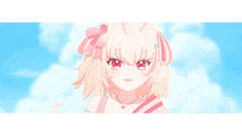 a cute anime girl with pink hair and red eyes is smiling