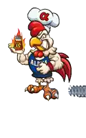a cartoon rooster holding a jar of peanut butter and salt