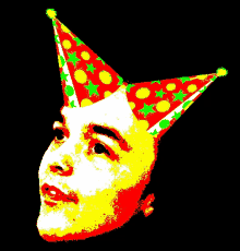 a pixelated image of a man wearing a party hat with stars on it