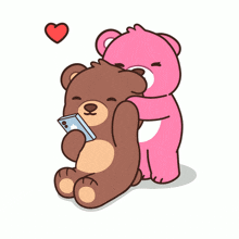 a brown teddy bear and a pink teddy bear are looking at a cell phone