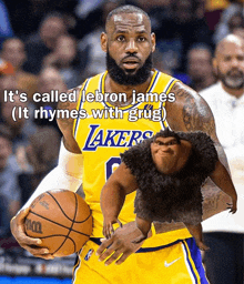 lebron james is holding a basketball and a gorilla