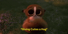 a cartoon animal is giving a hug to another animal .