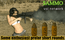 a picture of a woman shooting a gun with the words some enthusiast prefer short rounds underneath her