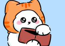 a cartoon cat wearing an orange hat is holding a red wallet