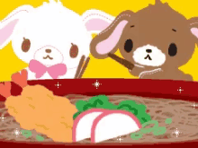 a cartoon of a rabbit and a bear eating noodles