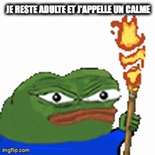 a frog is holding a torch with the words je reste adulte et j'appelle un calme written below it
