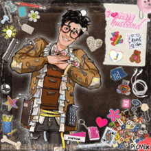 a drawing of a man with a heart on his chest and the words " my husband " in pink