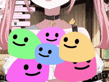 a girl with pink hair and a choker is surrounded by smiley faces