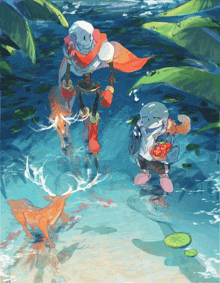 a painting of papyrus sans and a deer in a pond