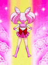 a girl with pink hair and a red bow on her skirt