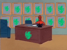 a cartoon character is sitting at a desk in front of a wall with green swirls .