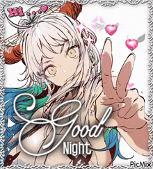 a picture of a girl giving a peace sign with the words good night