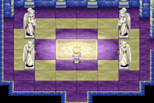 a pixel art of a person standing in a room surrounded by statues