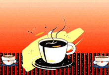 a cup of coffee sits on a saucer in front of a striped background