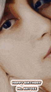 a close up of a woman 's face with the words " happy birthday ms. kaycee "