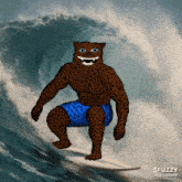 a cartoon of a leopard riding a wave on a surfboard with fuzzy written on the bottom