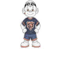 a cartoon character is wearing a bears shirt and shorts .
