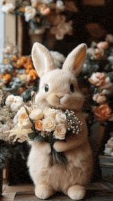 a stuffed rabbit is holding a bouquet of flowers in its paws