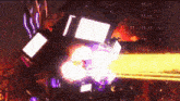 a video game scene with a robot shooting a laser