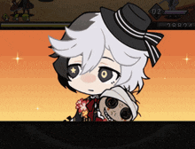 a cartoon character in a black and white hat is holding a doll