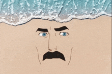 a cartoon of a man with a mustache standing on a beach with the ocean waves crashing on his face .