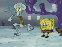 a cartoon of spongebob and squidward dancing in the snow