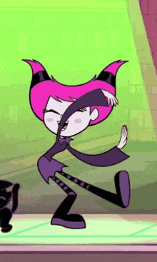 a cartoon character is dancing in front of a green background .