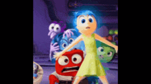 a cartoon character with blue hair is standing in front of a group of cartoon characters .