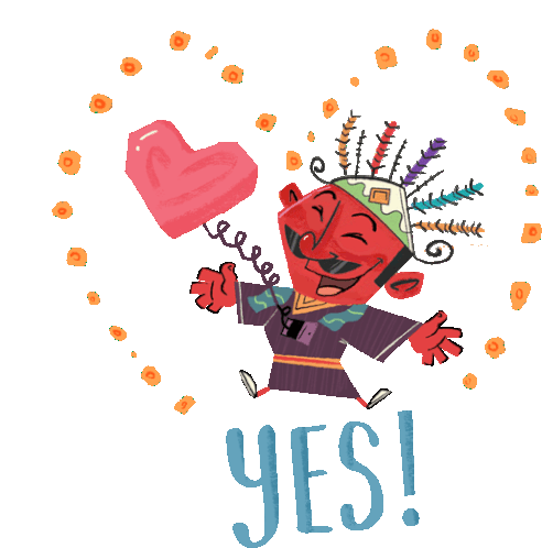 Happy Male Ondel-ondel With Caption "Yes" In English Sticker - Ondel Ondel In Love Yes Happy Stickers
