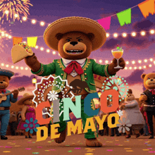 a teddy bear in a sombrero holding a taco and a glass of wine