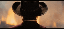 the back of a man wearing a cowboy hat is looking at a fire .