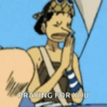 a cartoon of a man praying with the words praying for you below him