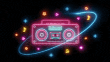 a neon sign of a boombox with music notes surrounding it on a black background .