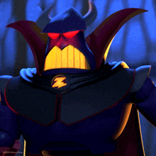 a toy story character with horns and a lightning bolt around his neck