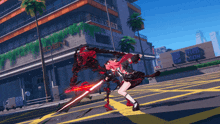 a video game character is fighting another character in front of a building that has the word freedom on it