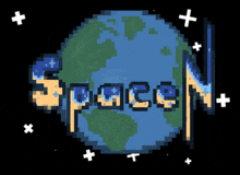 a pixel art drawing of a globe with the word space written around it