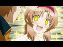 a girl with a star in her eyes is smiling while looking at a boy
