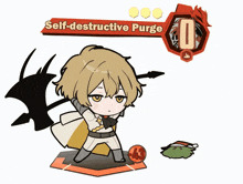 a cartoon character holding a spear with the words self-destructive purge written above him